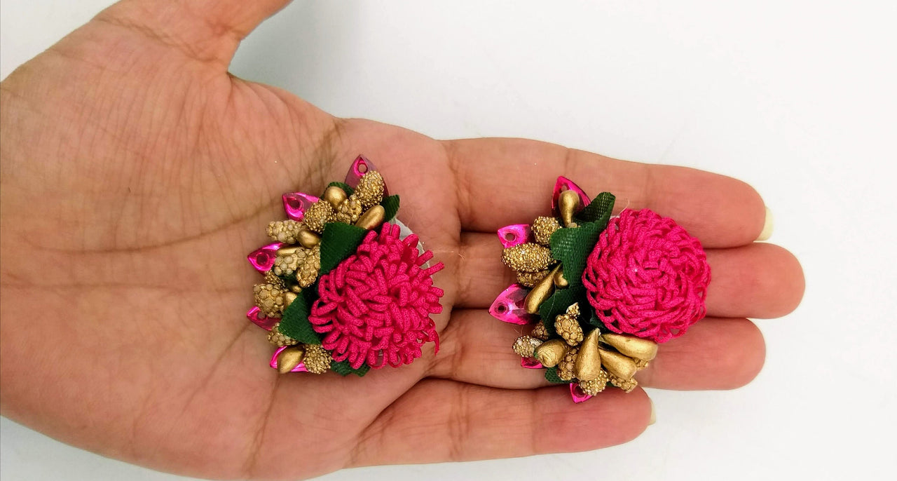 Handmade Fuchsia Pink Floral Applique with Beads, Flower Motifs x 3
