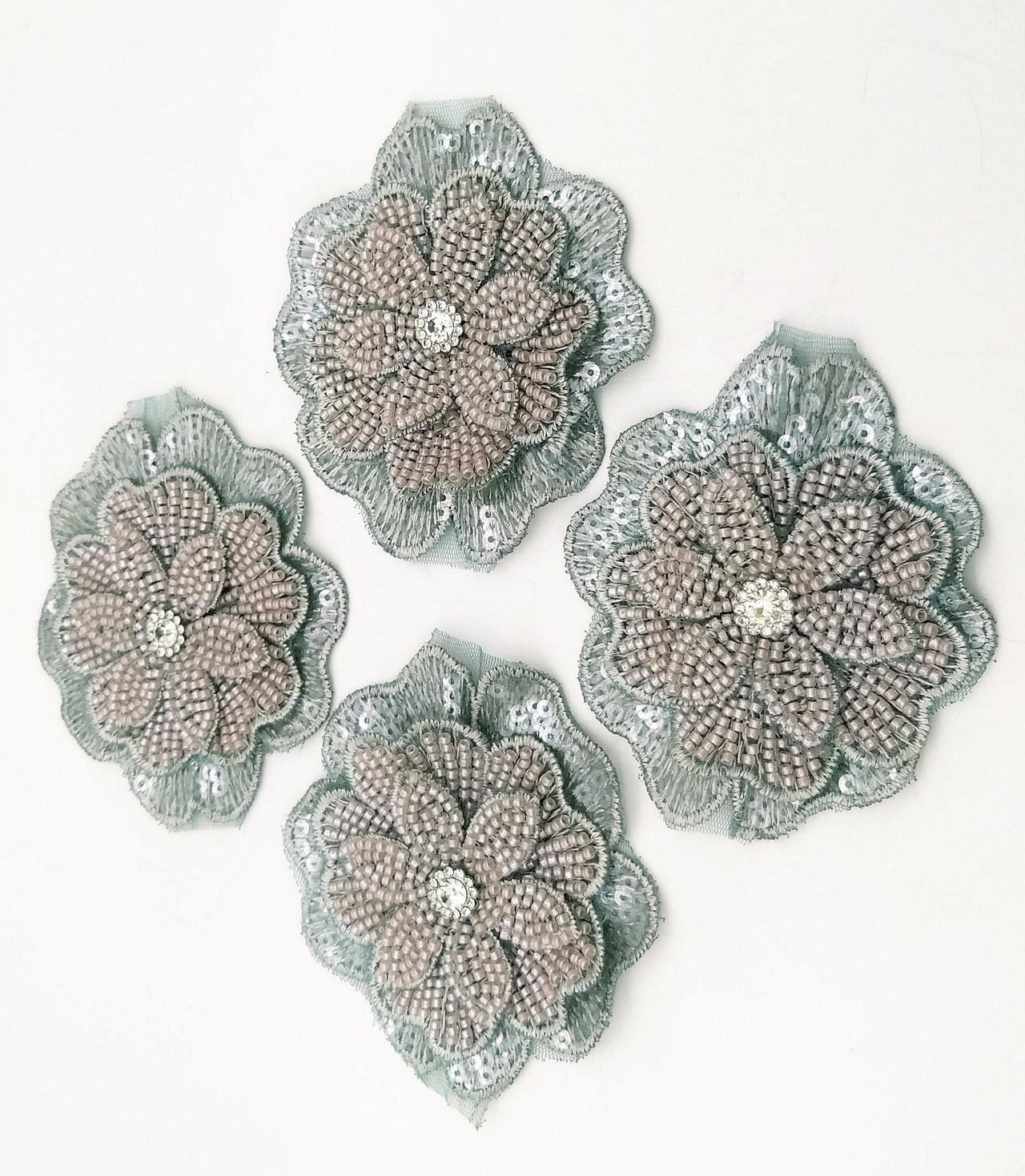 Grey Hand Embroidered Floral Applique With Beads, Crochet Cut Dana Applique, Beaded Flower Motifs