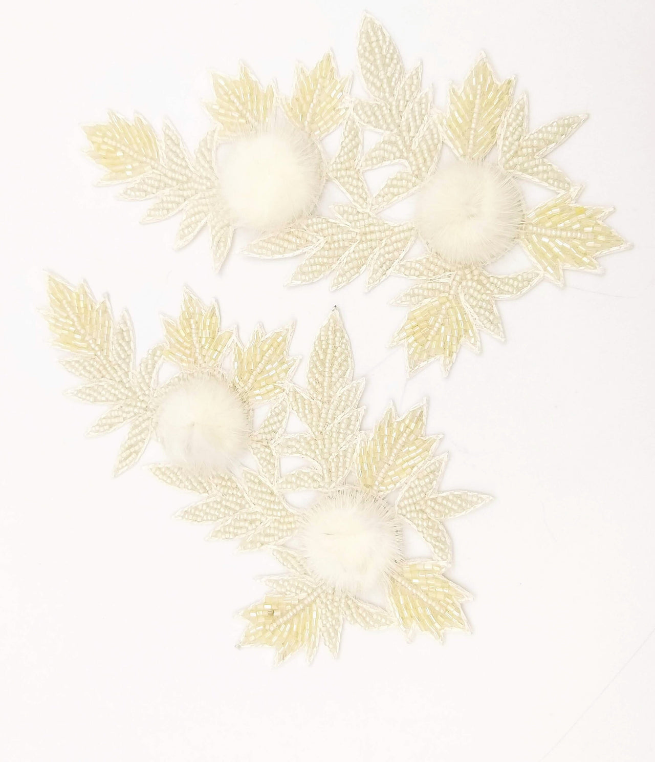 White Hand Embroidered Floral Applique, Beaded Floral Motif With Feather Pom Pom, 1 Pc