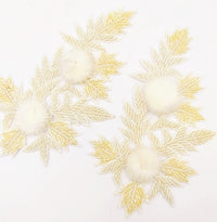 Thumbnail for White Hand Embroidered Floral Applique, Beaded Floral Motif With Feather Pom Pom, 1 Pc