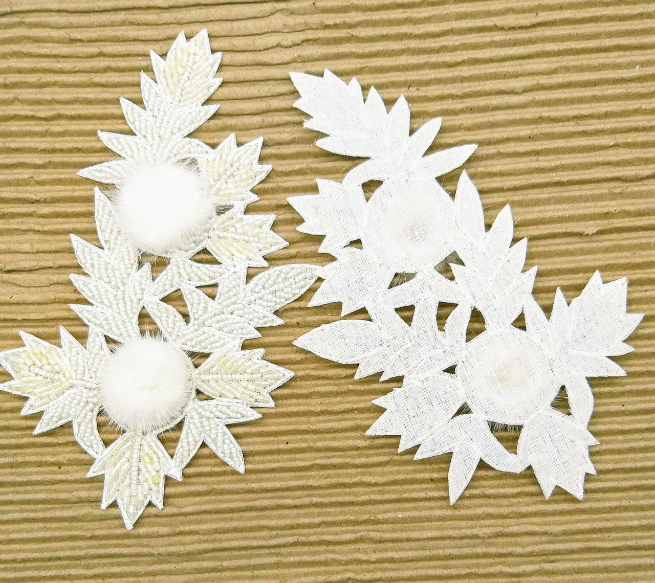White Hand Embroidered Floral Applique, Beaded Floral Motif With Feather Pom Pom, 1 Pc