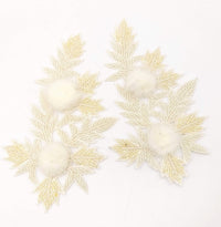 Thumbnail for White Hand Embroidered Floral Applique, Beaded Floral Motif With Feather Pom Pom, 1 Pc