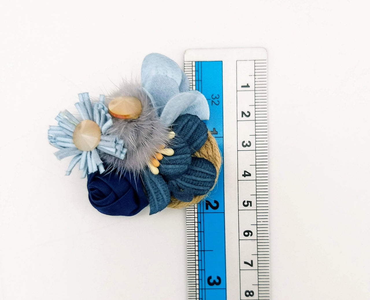 Hand Embroidered Blue Floral Applique With Feather Pom Poms and Stones, 2 Pcs