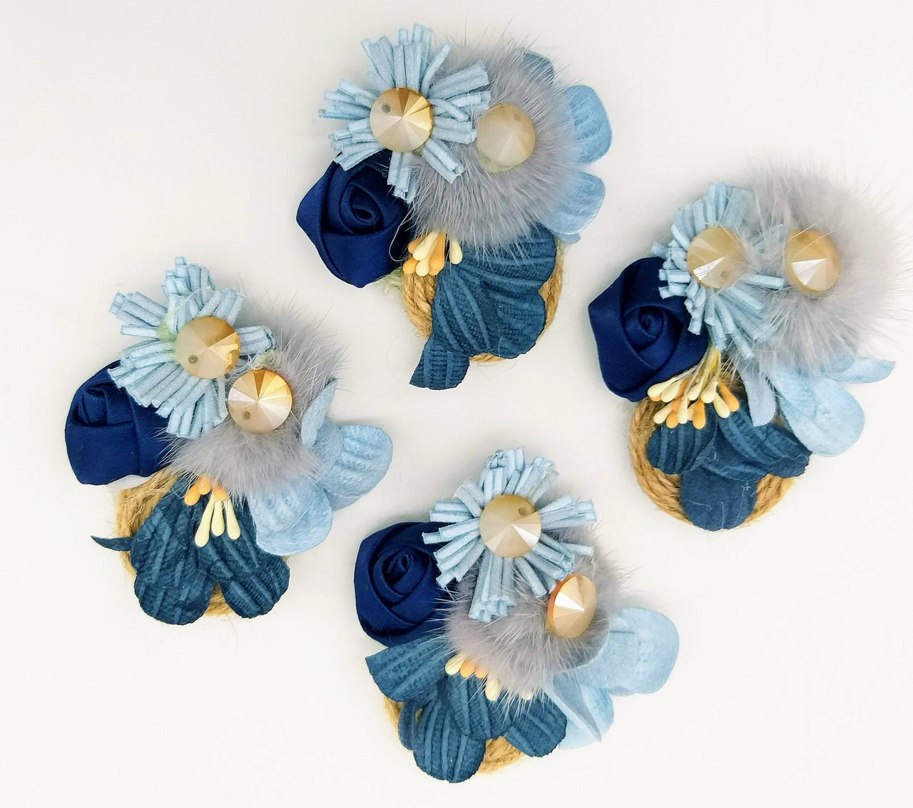 Hand Embroidered Blue Floral Applique With Feather Pom Poms and Stones, 2 Pcs