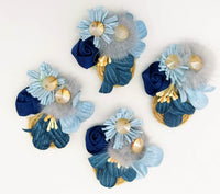 Thumbnail for Hand Embroidered Blue Floral Applique With Feather Pom Poms and Stones, 2 Pcs