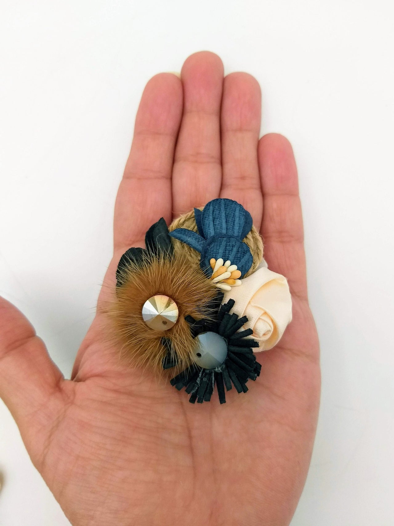 Hand Embroidered Blue and Brown Floral Applique With Feather Pom Poms and Stones, 2 Pcs