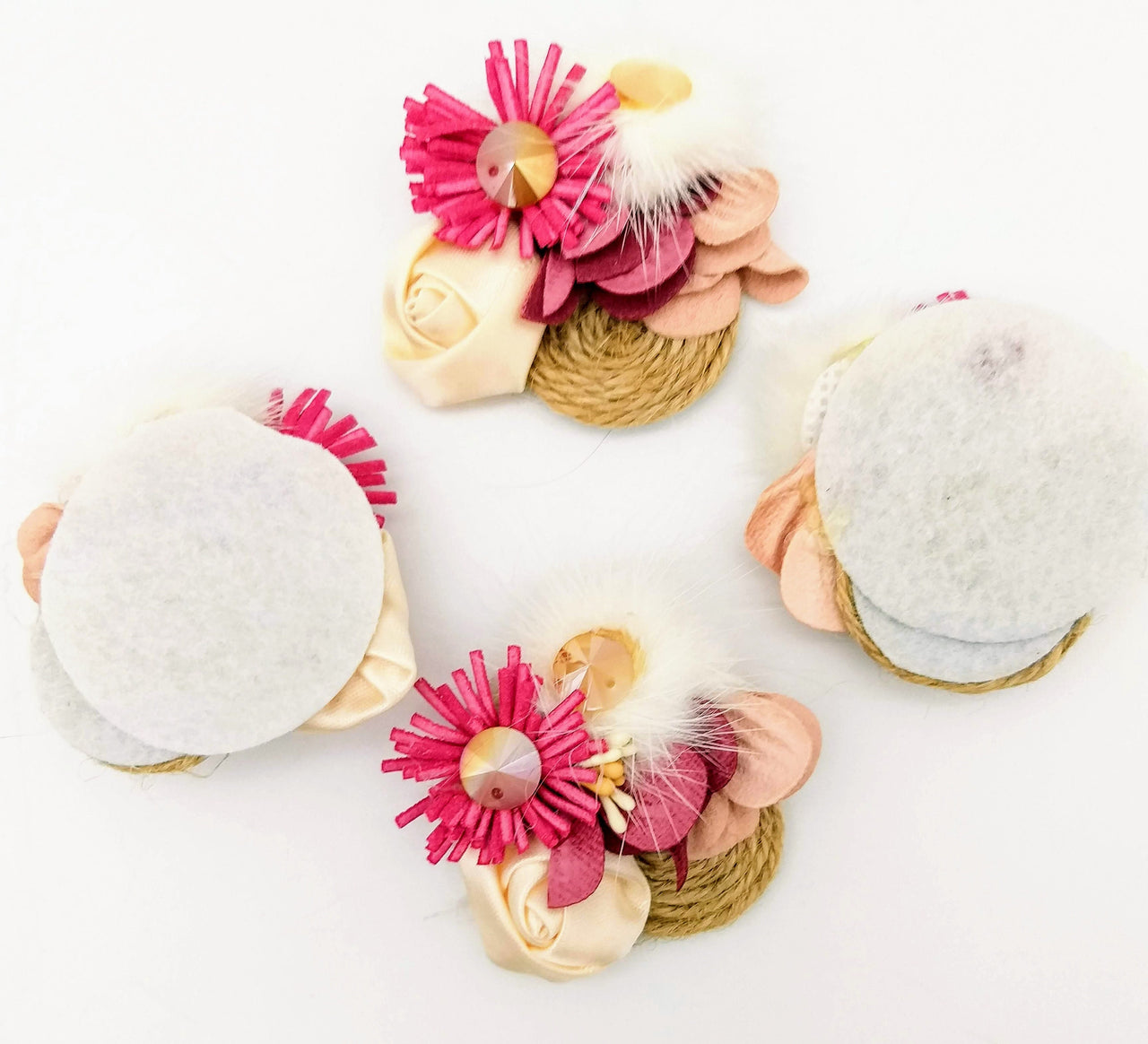 Hand Embroidered Pink and Beige Floral Applique With Feather Pom Poms and Stones, 2 Pcs
