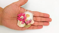 Thumbnail for Hand Embroidered Pink and Beige Floral Applique With Feather Pom Poms and Stones, 2 Pcs