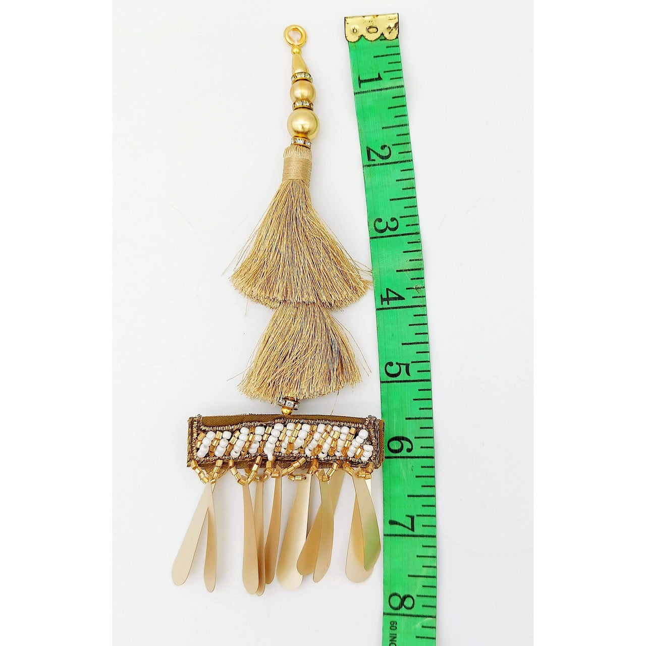 Gold Tassels With Long Gold Sequins And White and Gold Seed Pearl Beads, Beaded Thread Tassel Charms, 2 Pcs