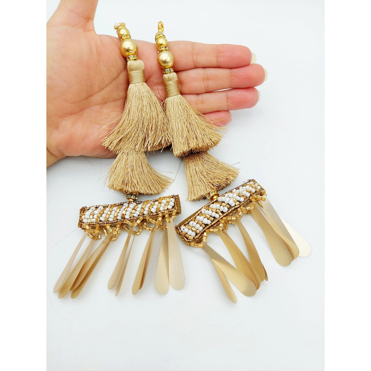 Gold Tassels With Long Gold Sequins And White and Gold Seed Pearl Beads, Beaded Thread Tassel Charms, 2 Pcs