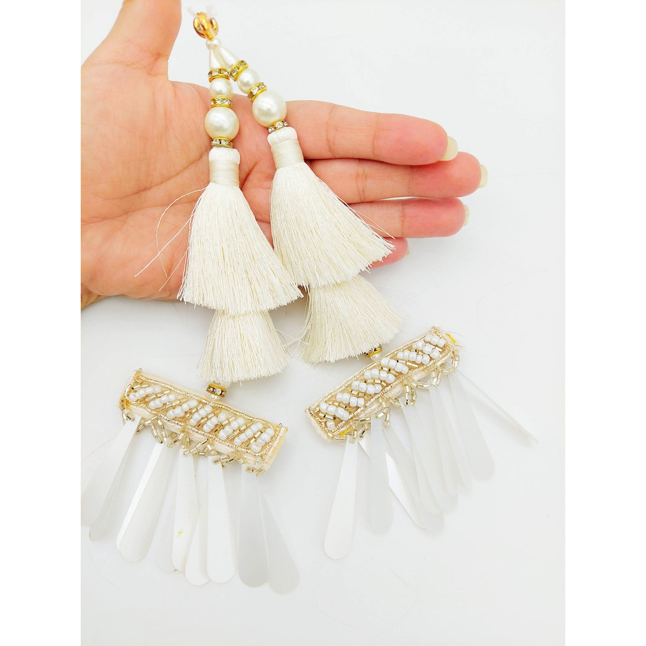 White Tassels With Long White Sequins And White and Gold Seed Pearl Beads, Beaded Thread Tassel Charms, 2 Pcs