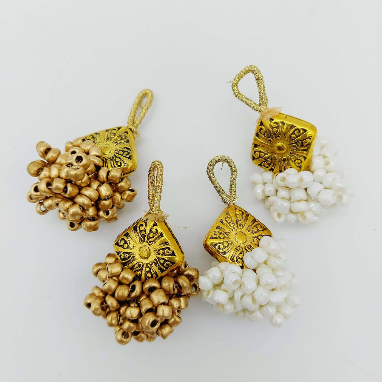 Gold Engraved Diamond Charm With Flatback Off White Beaded Tassels Latkan, Indian Latkans, Gold And Off White Beaded Danglers