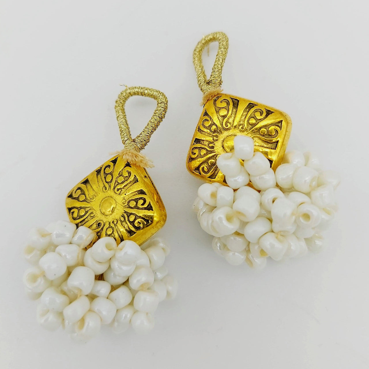 Gold Engraved Diamond Charm With Flatback Off White Beaded Tassels Latkan, Indian Latkans, Gold And Off White Beaded Danglers