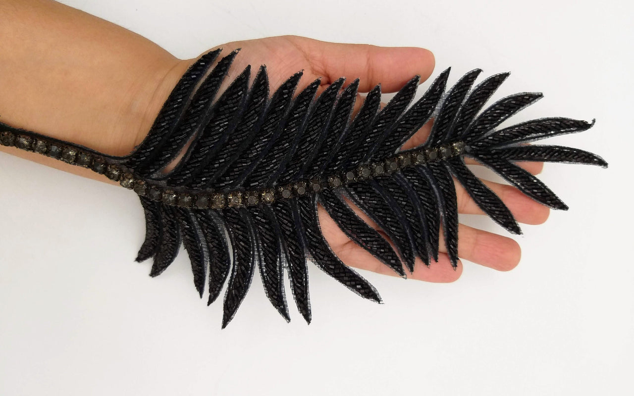 Black Hand Embroidered Leaf Applique, Beaded Leaf Motif, Cutwork Applique