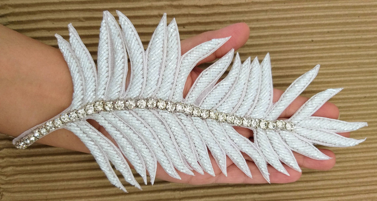 White Hand Embroidered Leaf Applique, Beaded Leaf Motif, Cutwork Applique