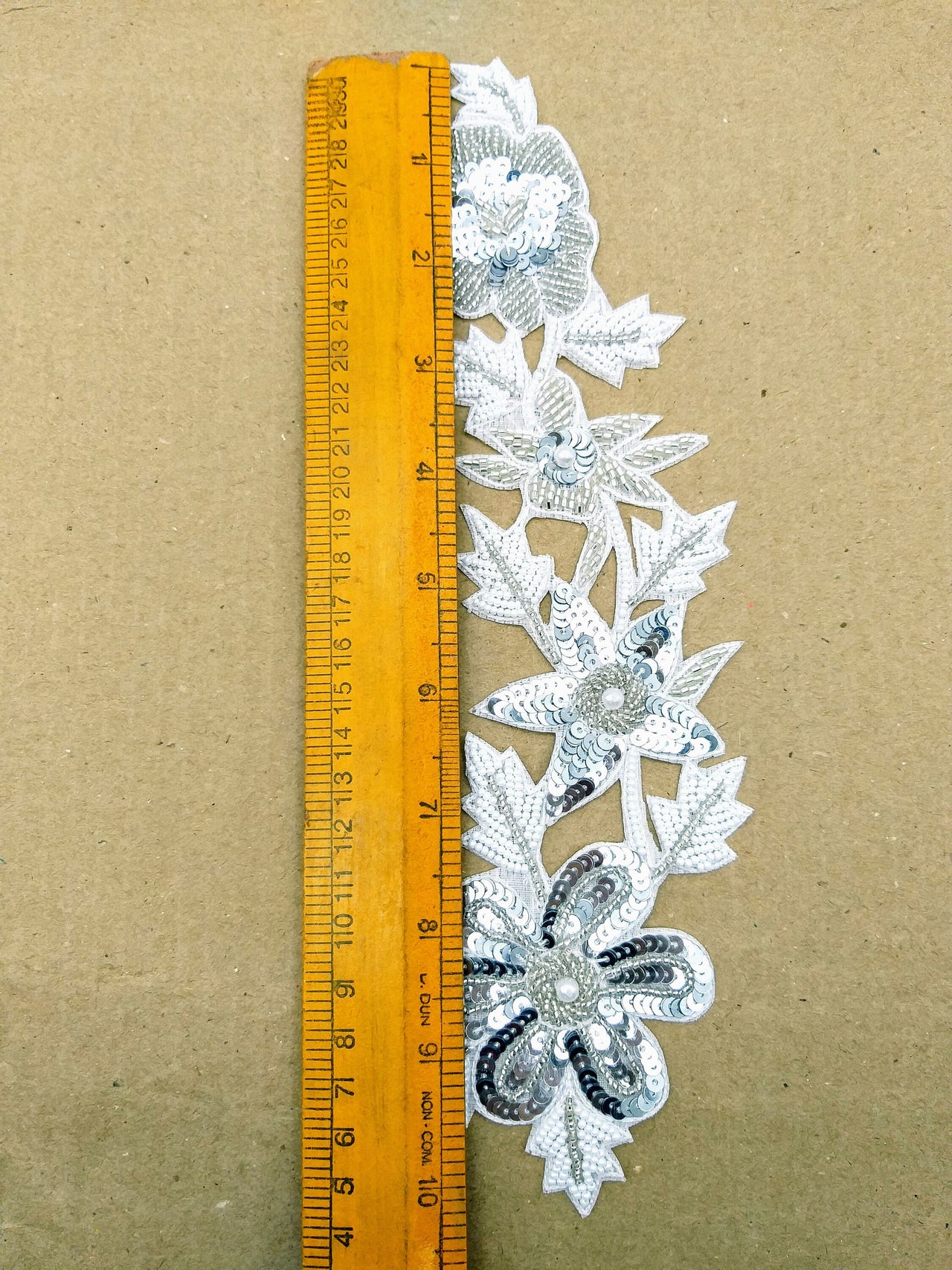 Silver and White Floral Applique Hand Embroidered with Silver Sequins, White Beads and Silver Bugle Beads, Wedding Applique