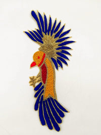 Thumbnail for Hand Embroidered Bird Applique With Yellow, Blue and Red Embroidery With Antique Gold Zardozi Work, Bird Applique