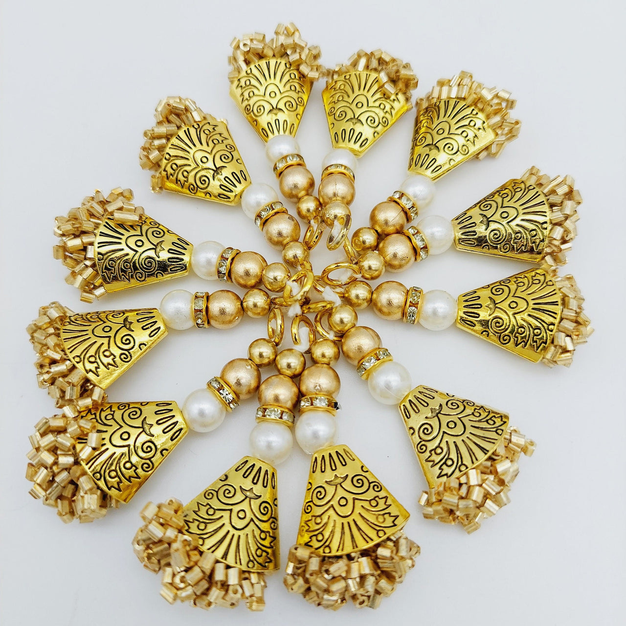 Gold Engraved Flatback Charm Latkan With Beaded Tassels And Pearl Embellishments, Indian Latkans, Gold Beaded Danglers