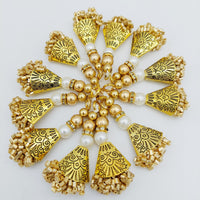 Thumbnail for Gold Engraved Flatback Charm Latkan With Beaded Tassels And Pearl Embellishments, Indian Latkans, Gold Beaded Danglers