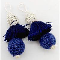 Thumbnail for Navy Blue Crochet Ball Tassels With White Pearls Beads, Tassel Charms, Nylon Tassels x 2