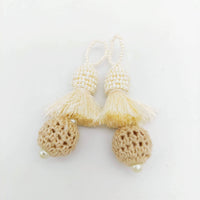 Thumbnail for Beige Crochet Ball Tassels With White Pearls Beads, Tassel Charms, Nylon Tassels x 2