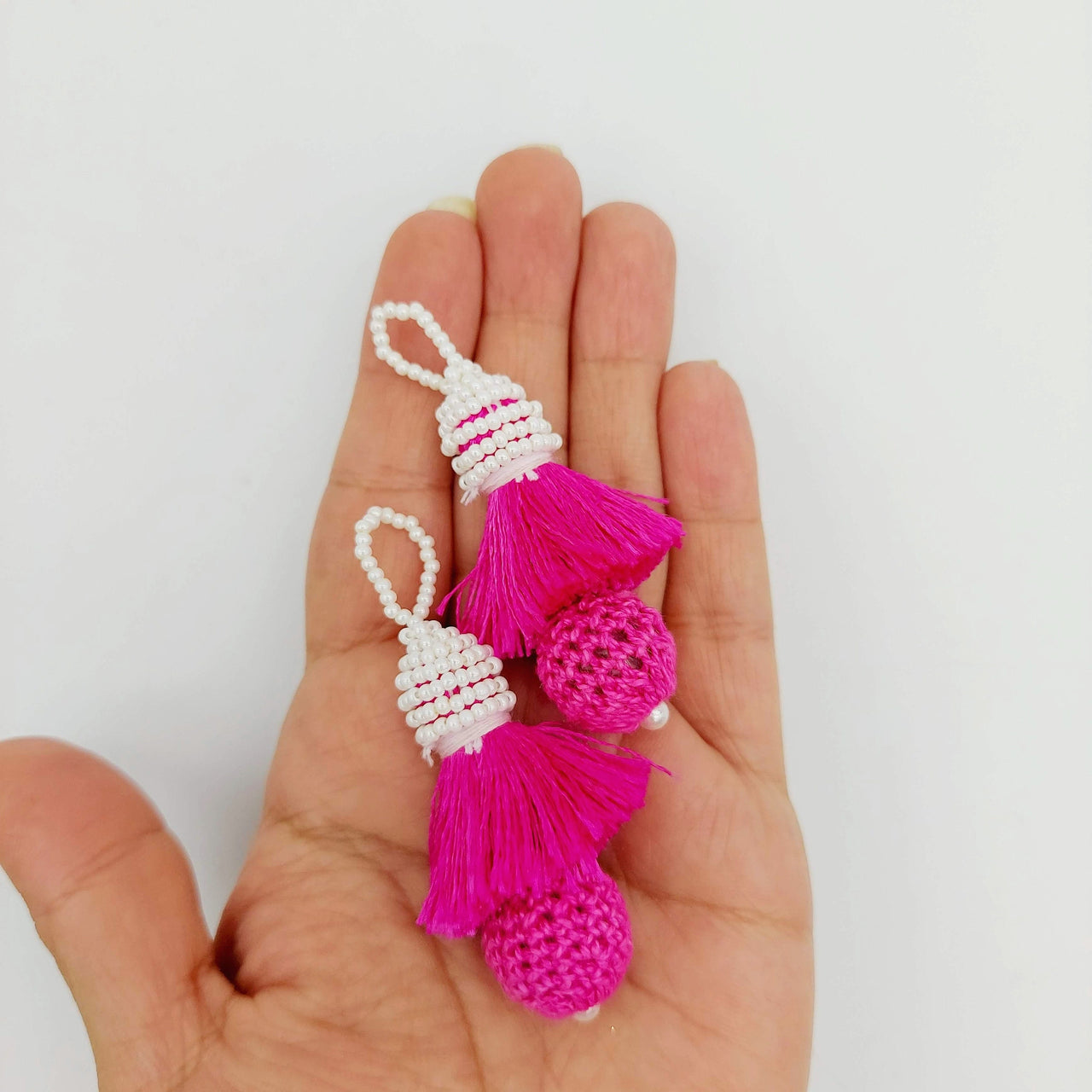 Fuchsia Pink Crochet Ball Tassels With White Pearls Beads, Tassel Charms, Nylon Tassels x 2