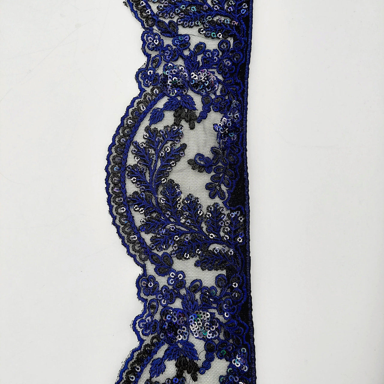 Black Net Scallop Lace Trim with Navy Blue Floral Embroidery With Sequins, Sari Border, Embroidered Trim