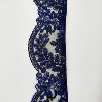 Thumbnail for Black Net Scallop Lace Trim with Navy Blue Floral Embroidery With Sequins, Sari Border, Embroidered Trim