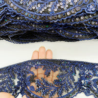 Thumbnail for Black Net Scallop Lace Trim with Navy Blue Floral Embroidery With Sequins, Sari Border, Embroidered Trim