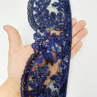 Thumbnail for Black Net Scallop Lace Trim with Navy Blue Floral Embroidery With Sequins, Sari Border, Embroidered Trim