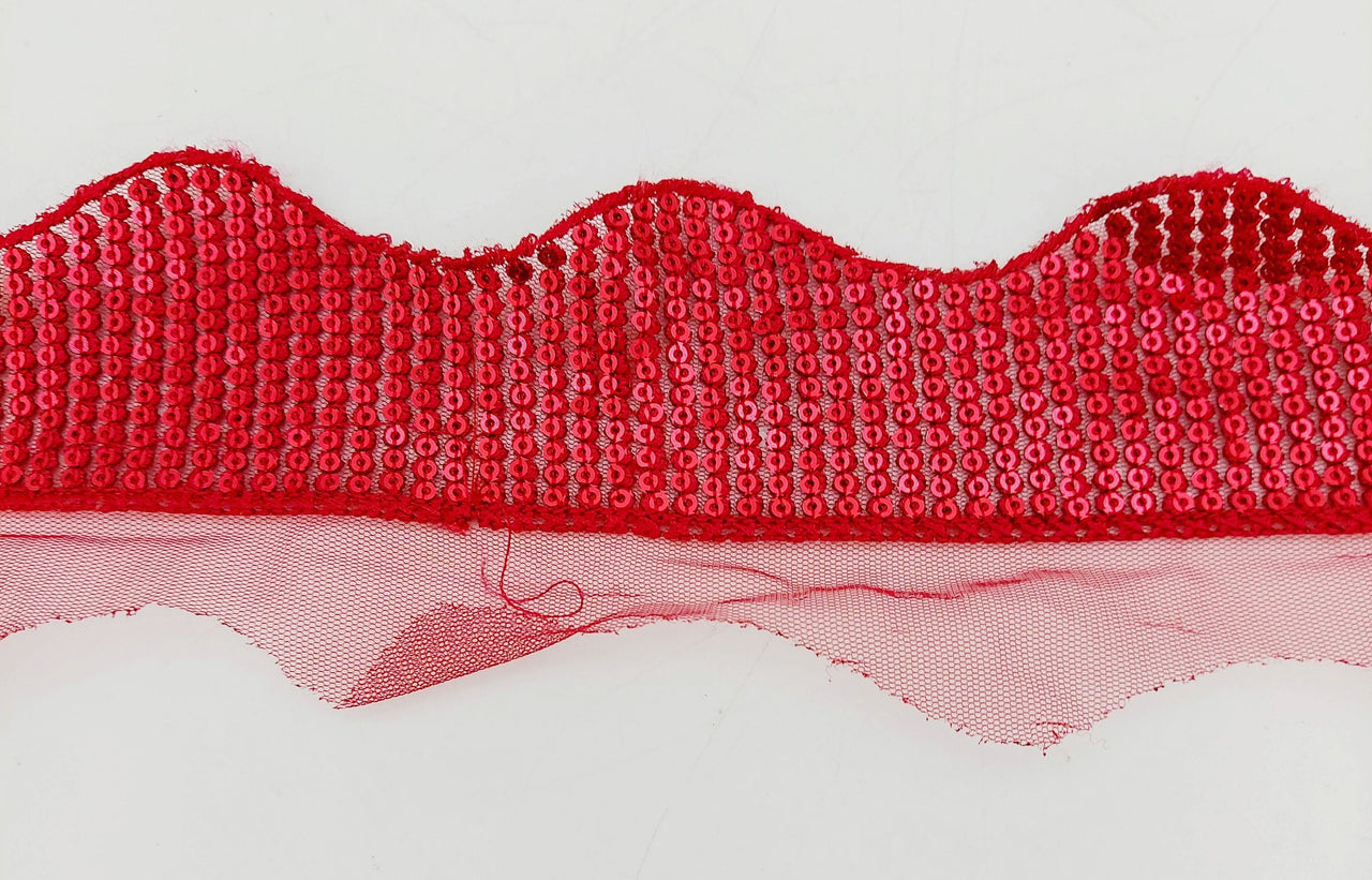 Dark Red Net Scallop Lace Trim With Red Sequins, Decorative Trim, Bohemian Trim