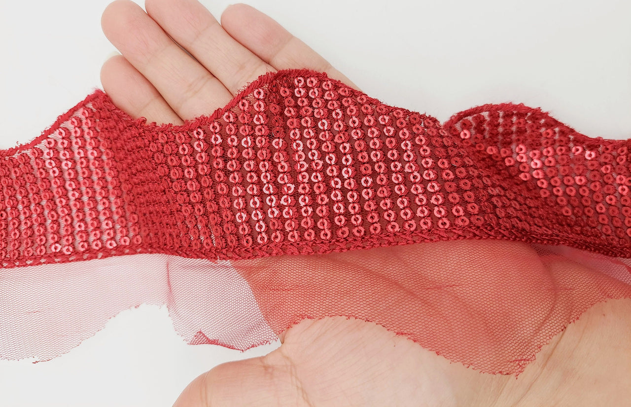 Dark Red Net Scallop Lace Trim With Red Sequins, Decorative Trim, Bohemian Trim