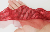 Thumbnail for Dark Red Net Scallop Lace Trim With Red Sequins, Decorative Trim, Bohemian Trim