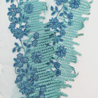Thumbnail for Cyan Blue Net Scallop Lace Trim with Navy Blue Floral Embroidery And Blue Sequins, Sari Border, Embroidered Trim