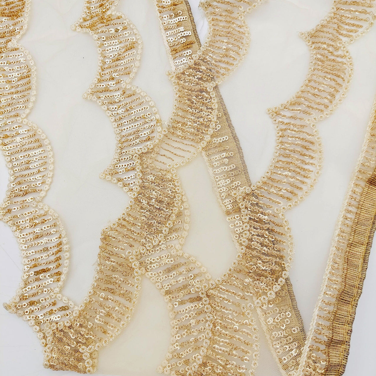 Beige Net Scallop Lace Trim with Gold Sequins, Sari Border, Embroidered Trim