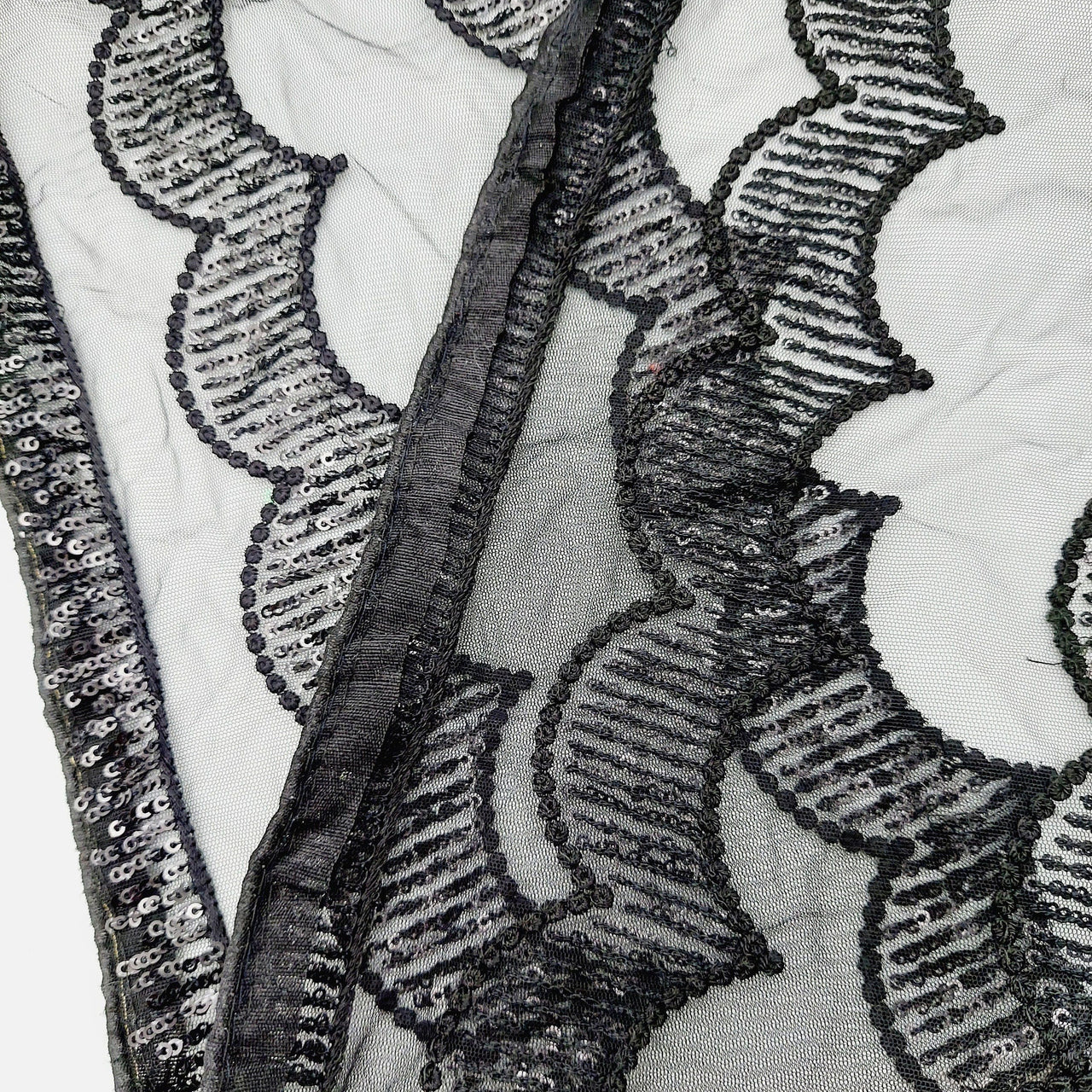 Black Net Scallop Lace Trim with Black Sequins, Sari Border, Embroidered Trim