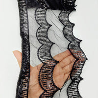 Thumbnail for Black Net Scallop Lace Trim with Black Sequins, Sari Border, Embroidered Trim