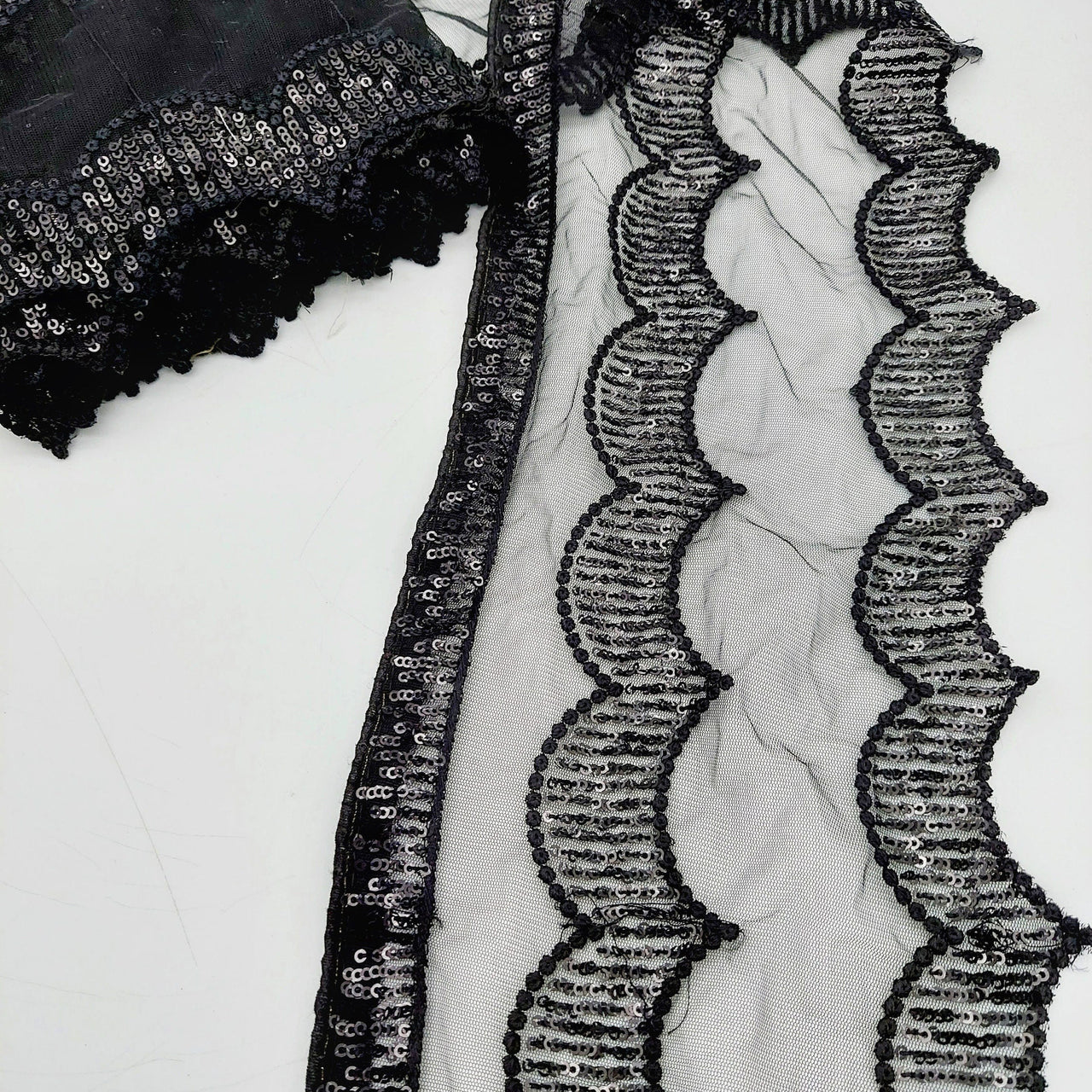 Black Net Scallop Lace Trim with Black Sequins, Sari Border, Embroidered Trim