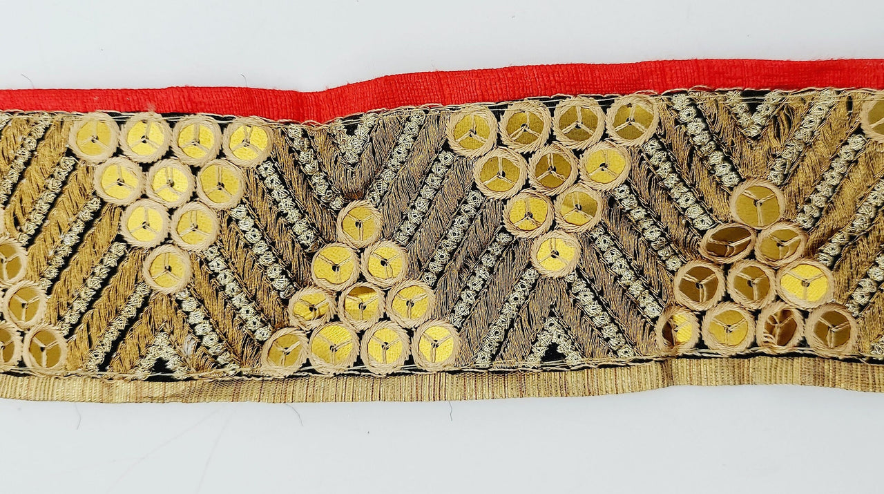 Indian Sari Trim, Black Art Silk Fabric With Gold Embroidery And Red Piping, Gold Sequins