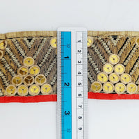 Thumbnail for Indian Sari Trim, Black Art Silk Fabric With Gold Embroidery And Red Piping, Gold Sequins