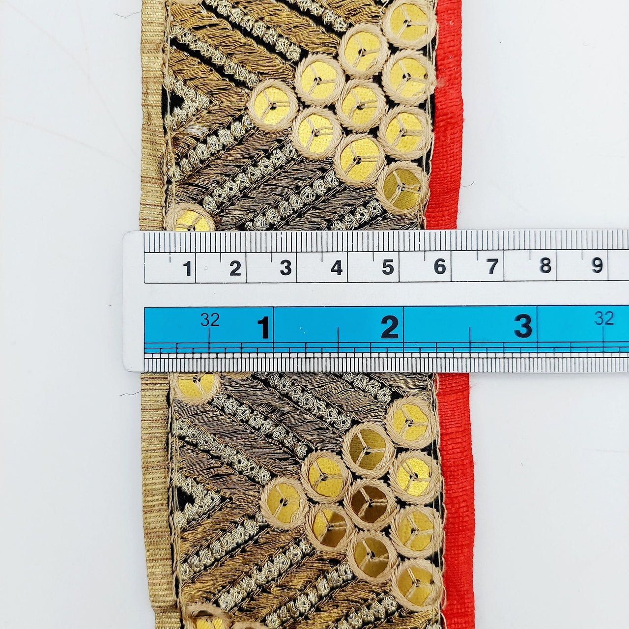 Indian Sari Trim, Black Art Silk Fabric With Gold Embroidery And Red Piping, Gold Sequins