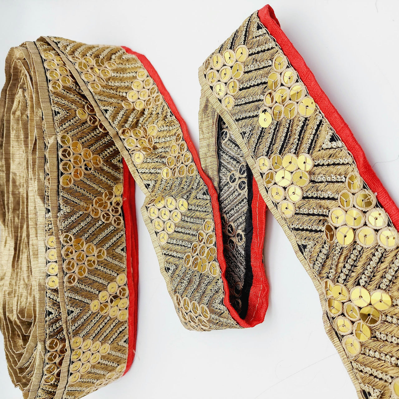 Indian Sari Trim, Black Art Silk Fabric With Gold Embroidery And Red Piping, Gold Sequins