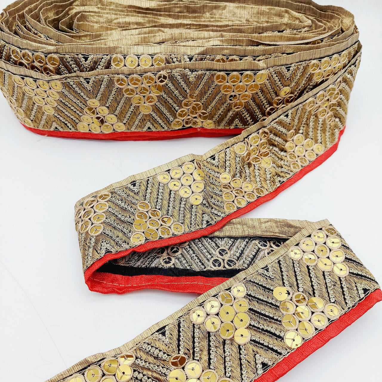Indian Sari Trim, Black Art Silk Fabric With Gold Embroidery And Red Piping, Gold Sequins