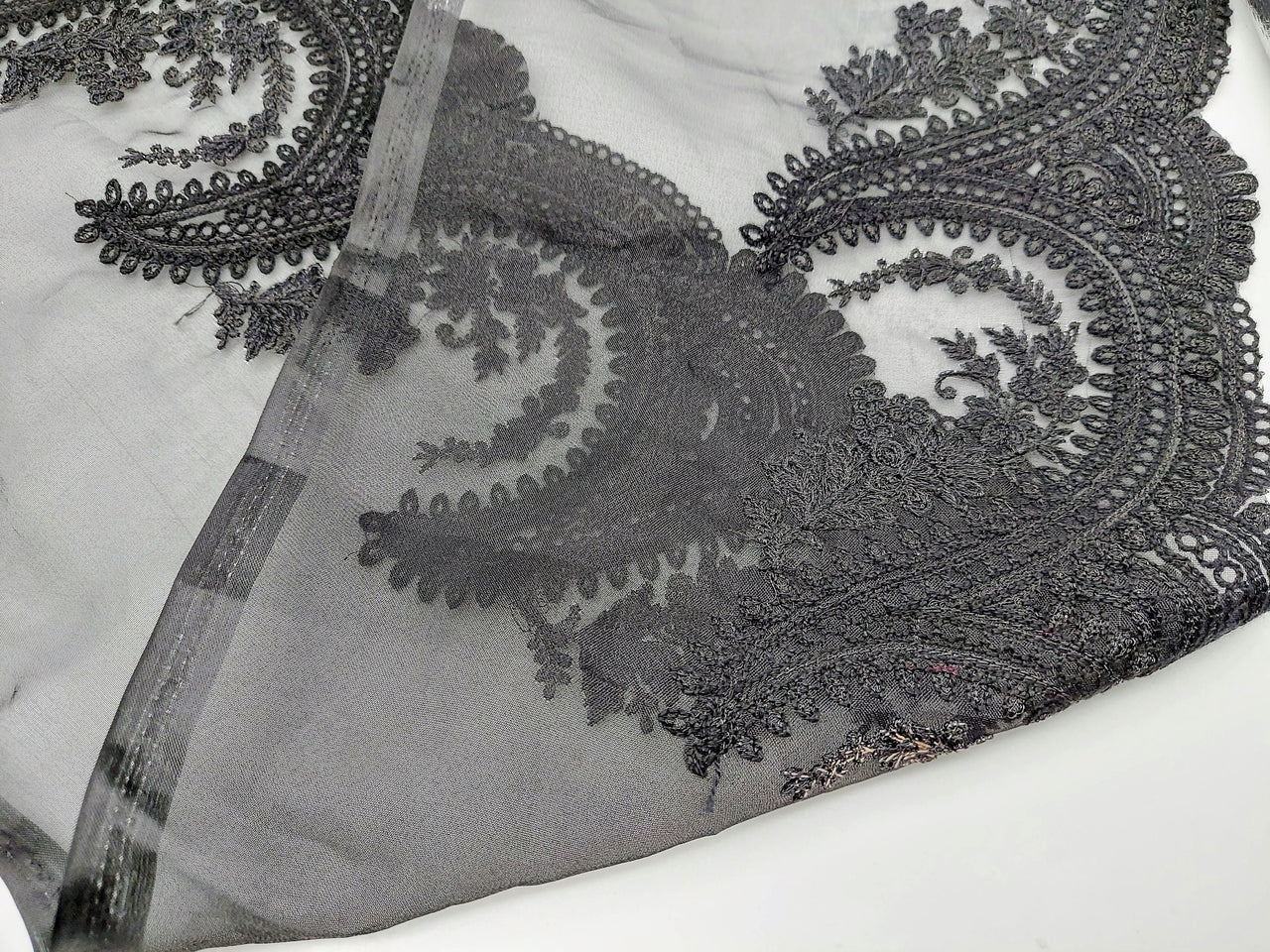 Black Organza Fabric Scalloped Cutwork Lace Trim with Floral Embroidery, Sari Border, Embroidered Trim
