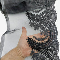 Thumbnail for Black Organza Fabric Scalloped Cutwork Lace Trim with Floral Embroidery, Sari Border, Embroidered Trim