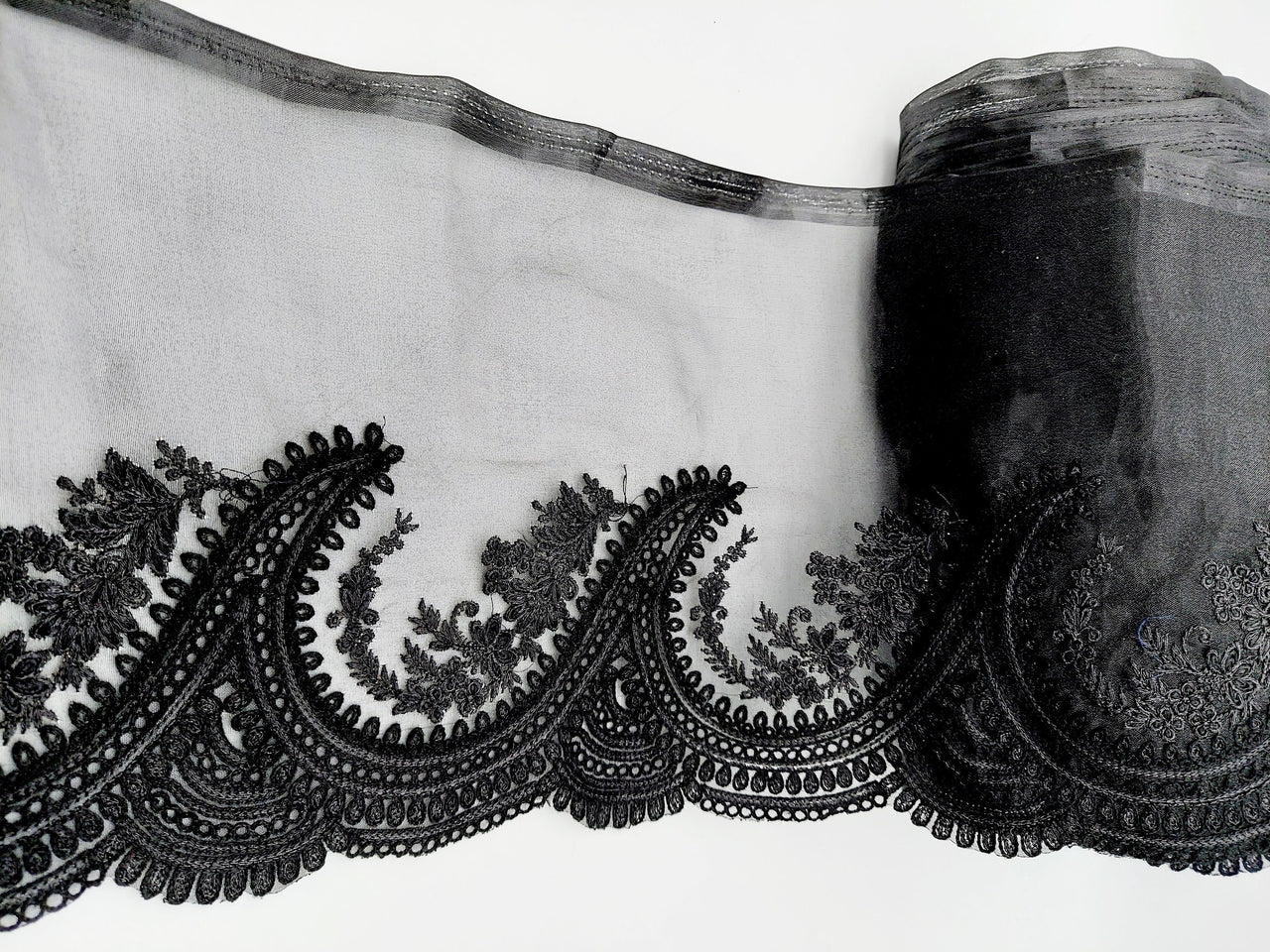 Black Organza Fabric Scalloped Cutwork Lace Trim with Floral Embroidery, Sari Border, Embroidered Trim