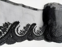 Thumbnail for Black Organza Fabric Scalloped Cutwork Lace Trim with Floral Embroidery, Sari Border, Embroidered Trim