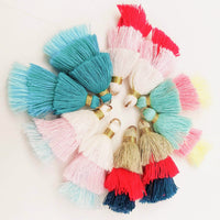Thumbnail for Blue Small Cotton Tassels in Three Layers With Gold Colour Brass Loop Ring, Tassel Charms x 5