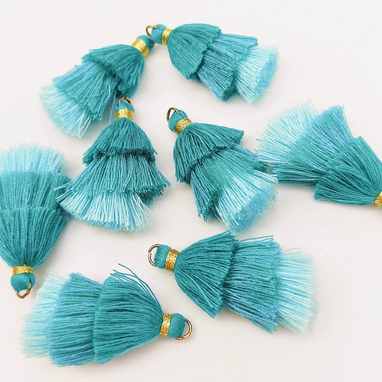 Blue Small Cotton Tassels in Three Layers With Gold Colour Brass Loop Ring, Tassel Charms x 5
