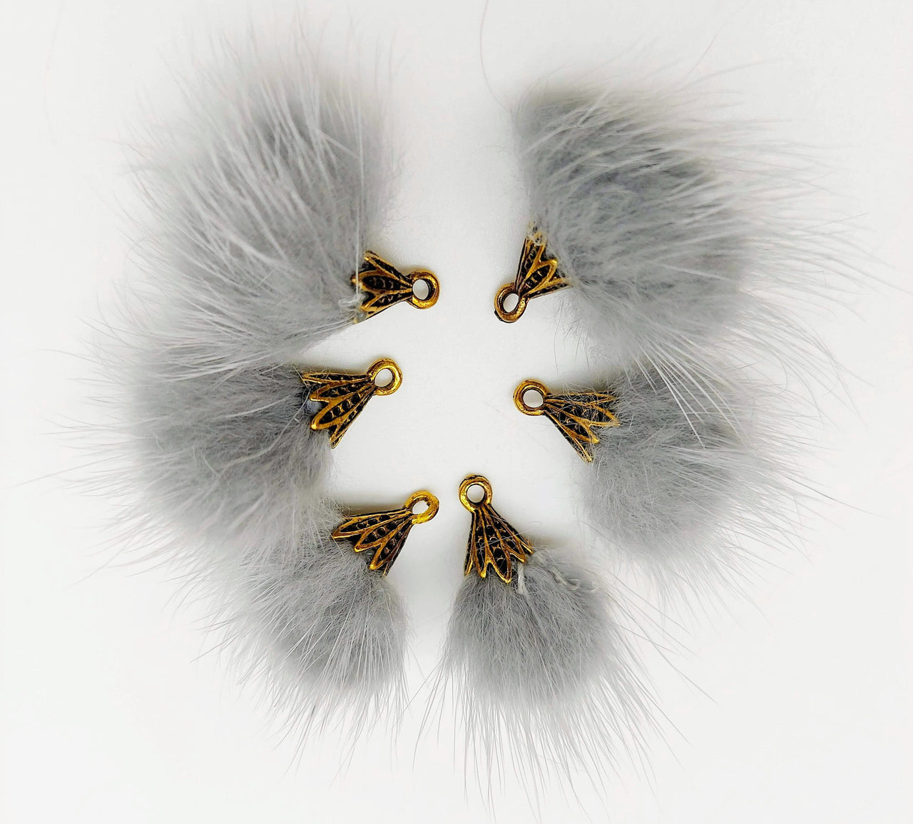 Grey Artificial Feather Fur Tassel With Brass Cap in Antique Gold Colour, Tassel Charms x 2